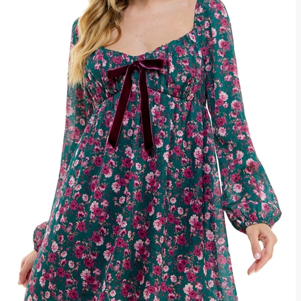 Floral Green and Pink Bow Junior's Dress